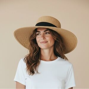 2/$30 Furtalk Chic Tan Wide Brim Beach Sun Hat with Black Band Adjustable
